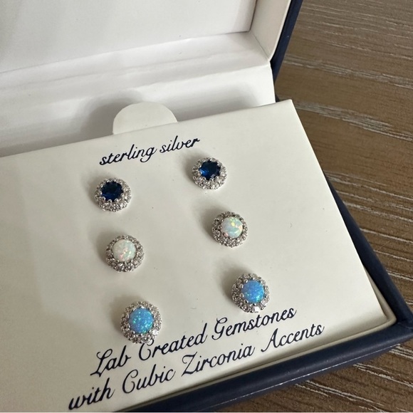 STERLING SILVER GEMSTONES CUBIC ZIRCONIA SET OF 3 PAIRS EARRINGS NWT $100 SET - Picture 4 of 8
